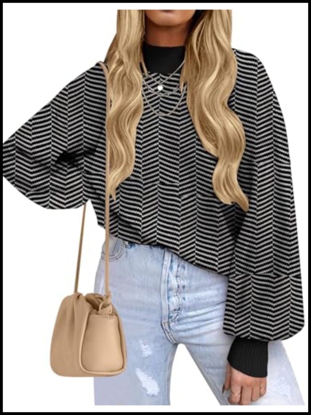 Oversized Turtleneck Sweater Women Mock Neck Pullover Long Sleeve Striped Knit